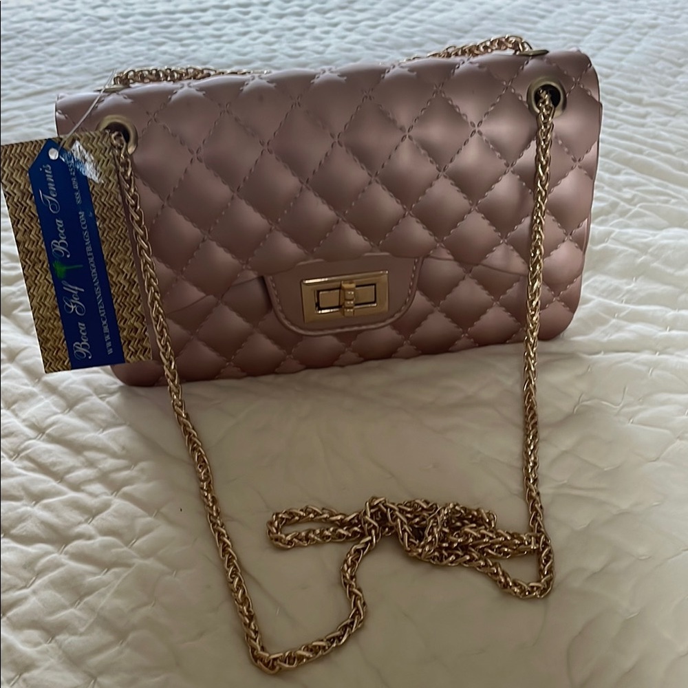 Pink and Gold Quilted Shoulder Bag with Chain Strap